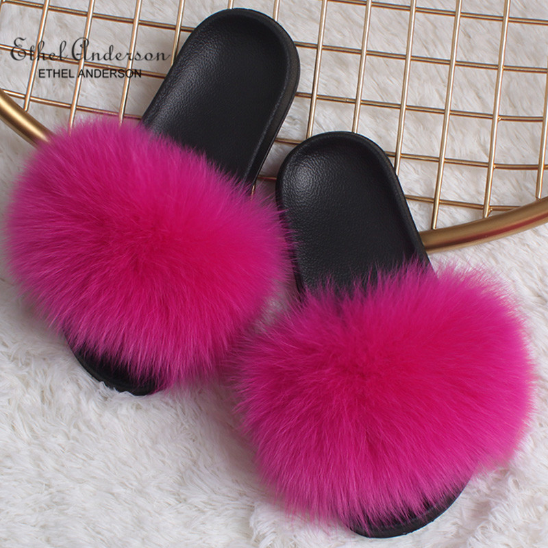 Ethel Anderson Luxury Raccoon Fur Slides Summer Plush Sandals Casual Vogue Fox Fur Flip Flops Slippers - 15