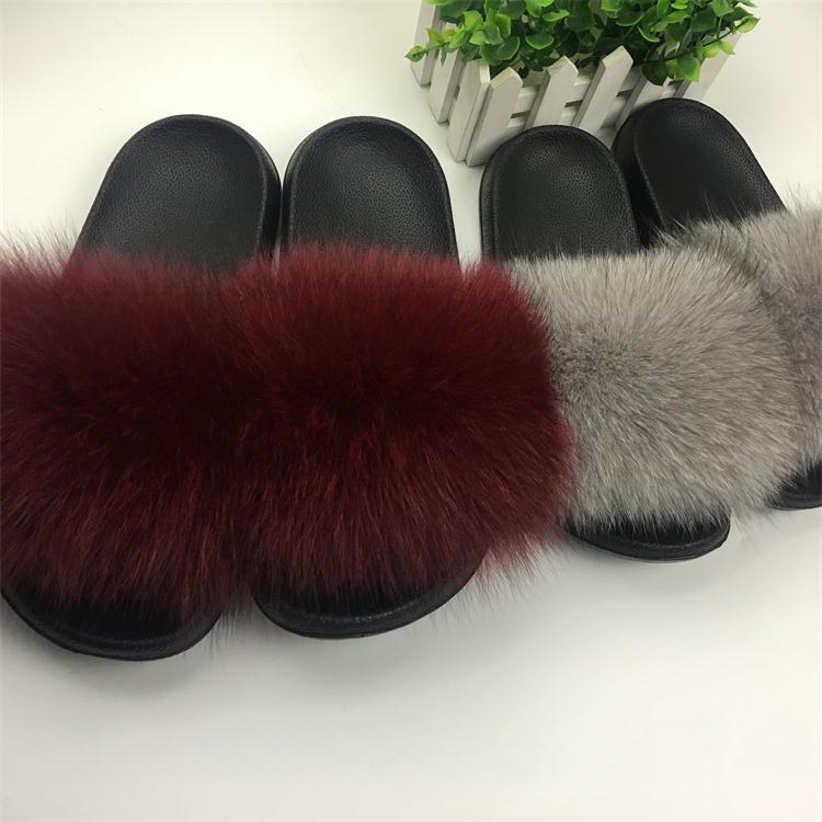 Womens Luxury Fox Fur Slippers Size 45 Comfortable Fluffy Feather Lined Summer Flat Sliders - 25