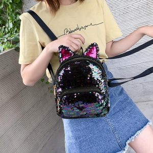 Cute Sequins Backpack Fashion Lady Cat Ears Sequin School Girls Student Panelled Zipper Travel - 2