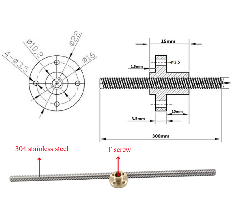 T8 Lead Screw Set With Brass Nut For Reprap 3d Printer 8mm Diameter Multiple Lengths Available - 1