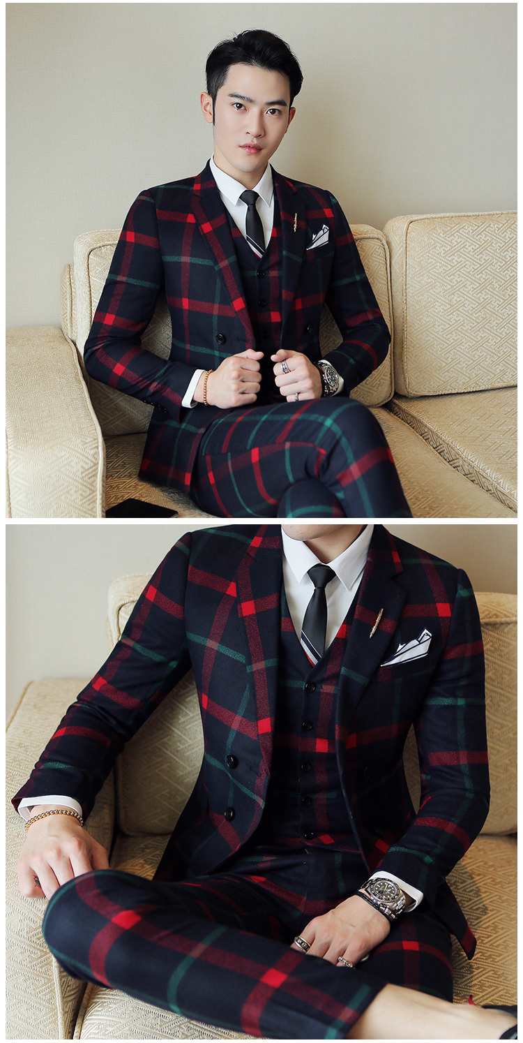 Vintage Check Plaid Mens Wedding Suit Slim Fit Double Breasted Jacket Vest Pant For Prom Banquet - 6