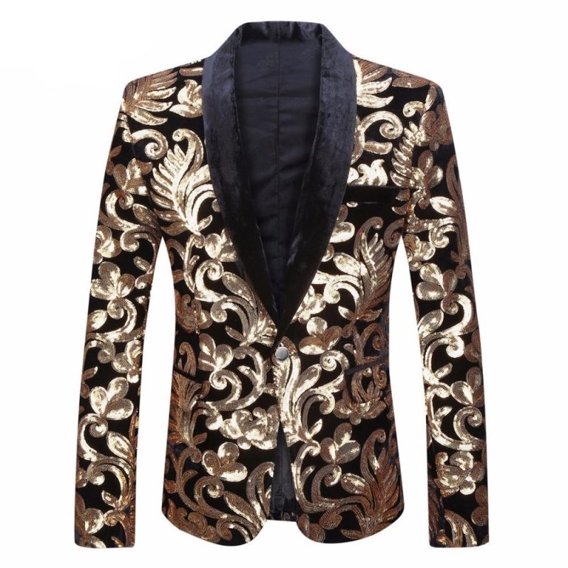 Pyjtrl Men Shawl Lapel Blazer Designs Plus Size 5xl Black Velvet Gold Flowers Sequins Suit Jacket Dj Club Stage Singer Clothes