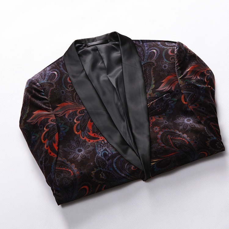 Pyjtrl Brand Gentleman Luxury Retro Vintage Shawl Lapel Velvet Print Blazer Slim Fit Floral Pattern Coat Men Casual Suit Jacket - 4