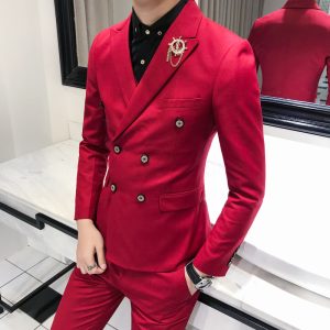 Luxury Royal Men's Suit 3 Sets Fashion Boutique Double-breasted Solid Color Wedding Dress Slim Business Banquet Formal - 2