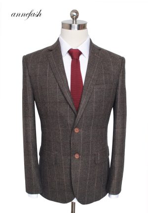 Custom Made Woolen Dark Brown Herringbone Tweed British Style Mens Suit Tailor Slim Fit Blazer Wedding Men 3pcs - 2