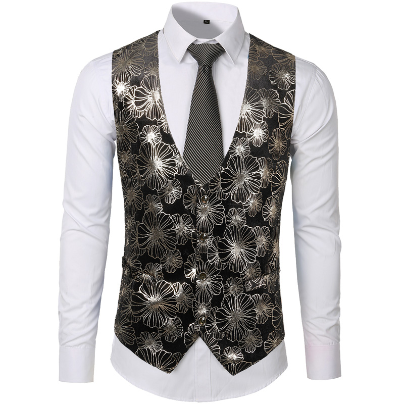 Mens Gold Steampunk Slim Fit Vest Paisley Floral Sleeveless Suit Single Button Wedding Waistcoat - 16