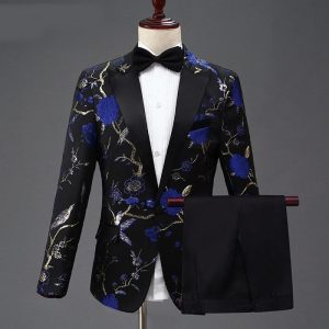 Pyjtrl Design Mens Stylish Embroidery Royal Blue Green Red Floral Pattern Suits Stage Singer Wedding Groom Tuxedo Costume