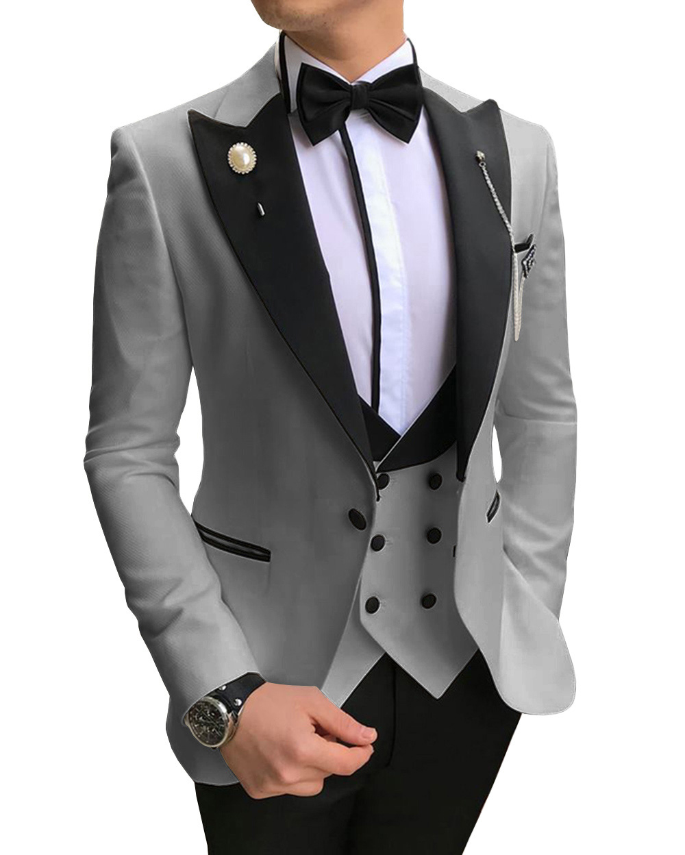 Mens 3piece Slim Fit Business Groom Tuxedos Formal Wedding Suit Blazer Pants Vest Champagne Noble Grey White - 24