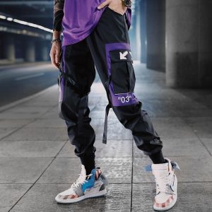 Hip Hop Ribbons Cargo Pants Men Joggers Streetwear Fashion Mens Elastic Waist Pant Cotton Black W117
