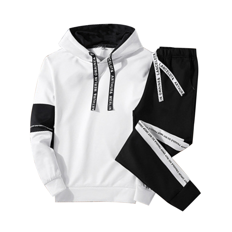 Autumn Mens Fashion Tracksuit Set White Black Patchwork Hoodie Casual Sports Pants Male Suit - 2