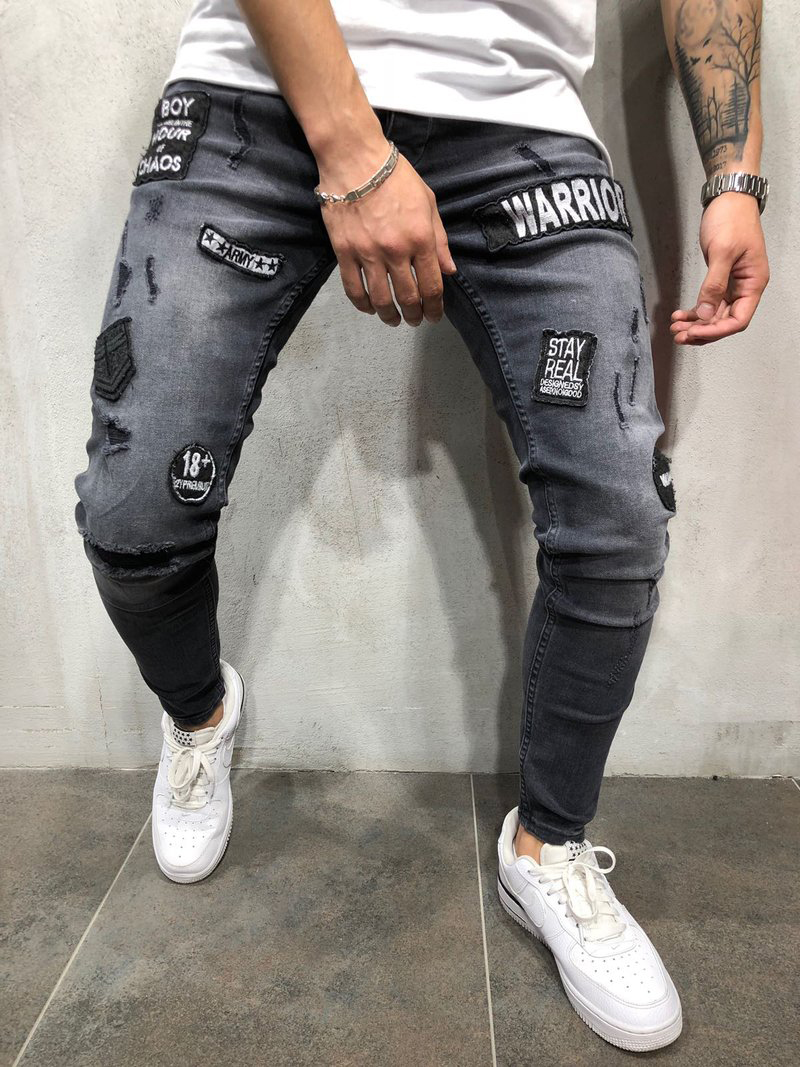 Stylish Mens Distressed Embroidered Jeans Slim Fit Urban Hiphop Fashion Trendy Denim For Men - 3
