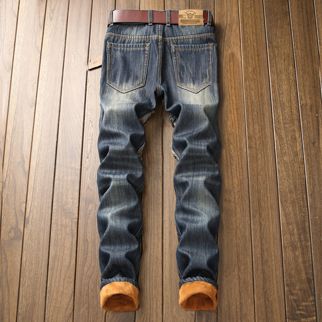 Mens Velvetlined Denim Jeans Ripped Hip Hop Punk Streetwear Autumn Winter Designer Holes Size 2840 - 3