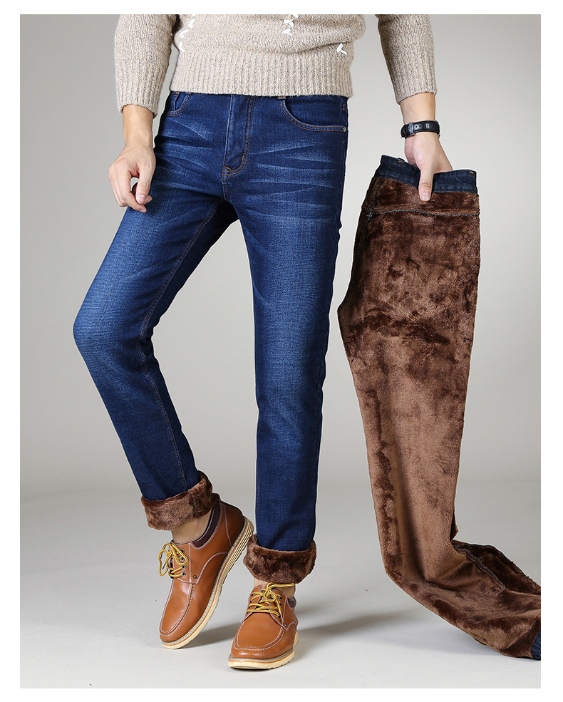 Mens Winter Warm Slim Fit Jeans Classic Thicken Denim Business Casual Trousers In Black And Blue - 10
