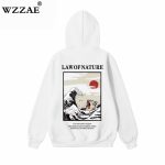 Wzzae Japanese Embroidery Funny Cat Wave Printed Fleece Hoodies Winter Japan Style Hip Hop Casual Sweatshirts Streetwear - 4