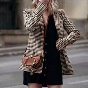 Affogatoo Fashion Double Breasted Plaid Blazer Women Long Sleeve Slim Ol Casual Autumn Jacket Female