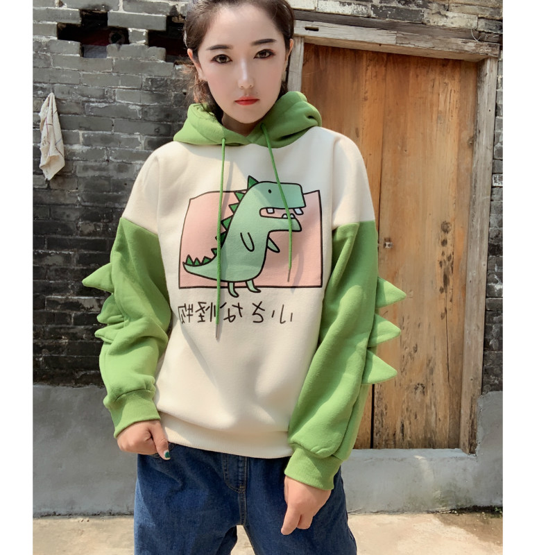 Merry Pretty Womens Dinosaur Hooded Sweatshirt Warm Fleece Pullover Harajuku Style Green Hoodie With Horns For Girls And Teens - 2