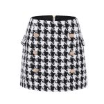 High Street Fashion Runway Designer Skirt Women's Lion Buttons Double Breasted Tweed Wool Houndstooth Mini - 2