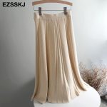 Vintage Winter Women Thick Sweater Skirt Elastic High Waist Pleated Midi Knitted A-line Female Solid Elegant Skirts - 2