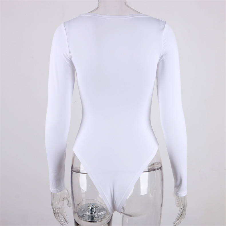 Forefair Womens Sexy Bodycon Long Sleeve Bodysuit Square Neck Open Crotch Basic Overalls In White Black Red - 13