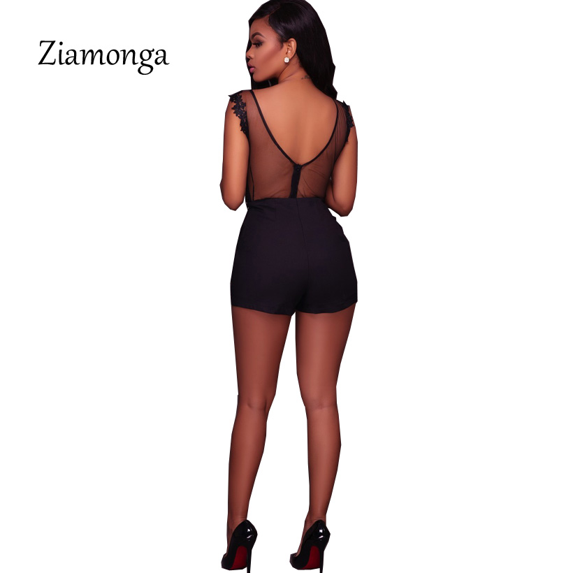 Ziamonga Black Lace Bodysuit Sexy Mesh Backless Romper Embroidered Xxl Ladies Playsuit Shorts - 8