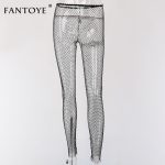 Fantoye Crystal Diamond Mesh Pants Women Sexy Summer Hollow Out Transparent Loose Long Fishnet Beachwear Trousers - 5