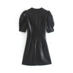 Aachoae Faux Leather Dress Women Sexy Club Puff Short Sleeve Bodycon Party Vintage Pleated Tunic Black Mini Vestidos - 2