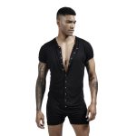 Men's Siamese Pajamas Onesies Home Clothes Super-elastic Comfortable Snap Button Jumpsuit Men Sleepwear Solid Color T-shirts - 5