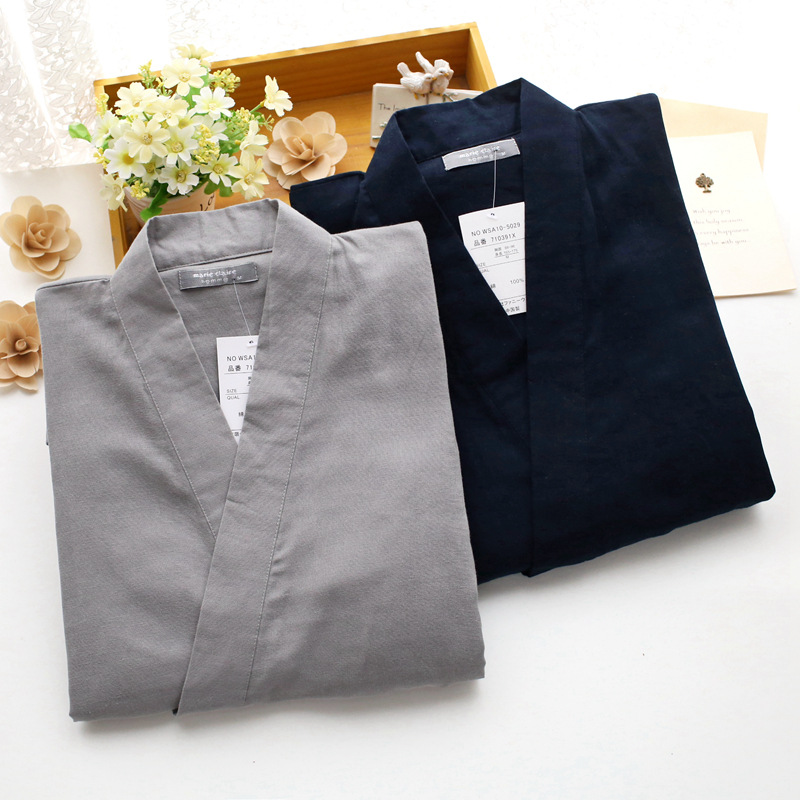 Qweek Mens Autumn Kimono Pajama Set 100 Cotton Japanese Style Soft Sleepwear 2piece Home Wear - 1