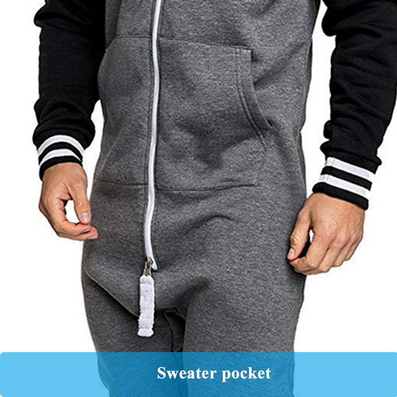 Mens Onepiece Zipper Hoodie Jumpsuit Solid Patchwork Pajama Playsuit Overalls Splicing Design Comfortable Sleepwear - 27