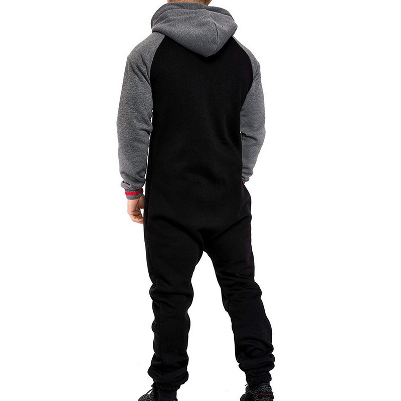 Mens Onepiece Zipper Hoodie Jumpsuit Solid Patchwork Pajama Playsuit Overalls Splicing Design Comfortable Sleepwear - 15