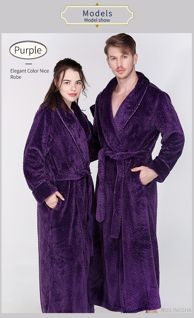 Mens Luxury Extra Long Thermal Flannel Bathrobe Thick Warm Kimono Robe Womens Sexy Grid Pattern Dressing Gown - 9