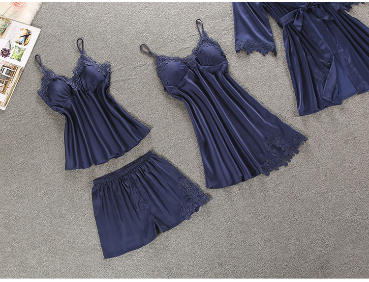 Womens Luxurious Silk Satin Pajama Set Floral Print 5pcs Sexy Lace Nightie Sleepwear Home Outfit - 40