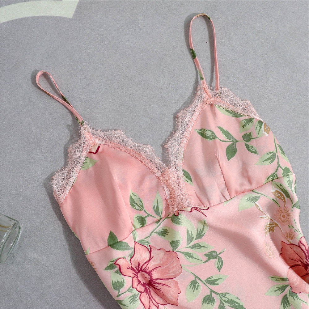 Womens Luxurious Silk Satin Pajama Set Floral Print 5pcs Sexy Lace Nightie Sleepwear Home Outfit - 13