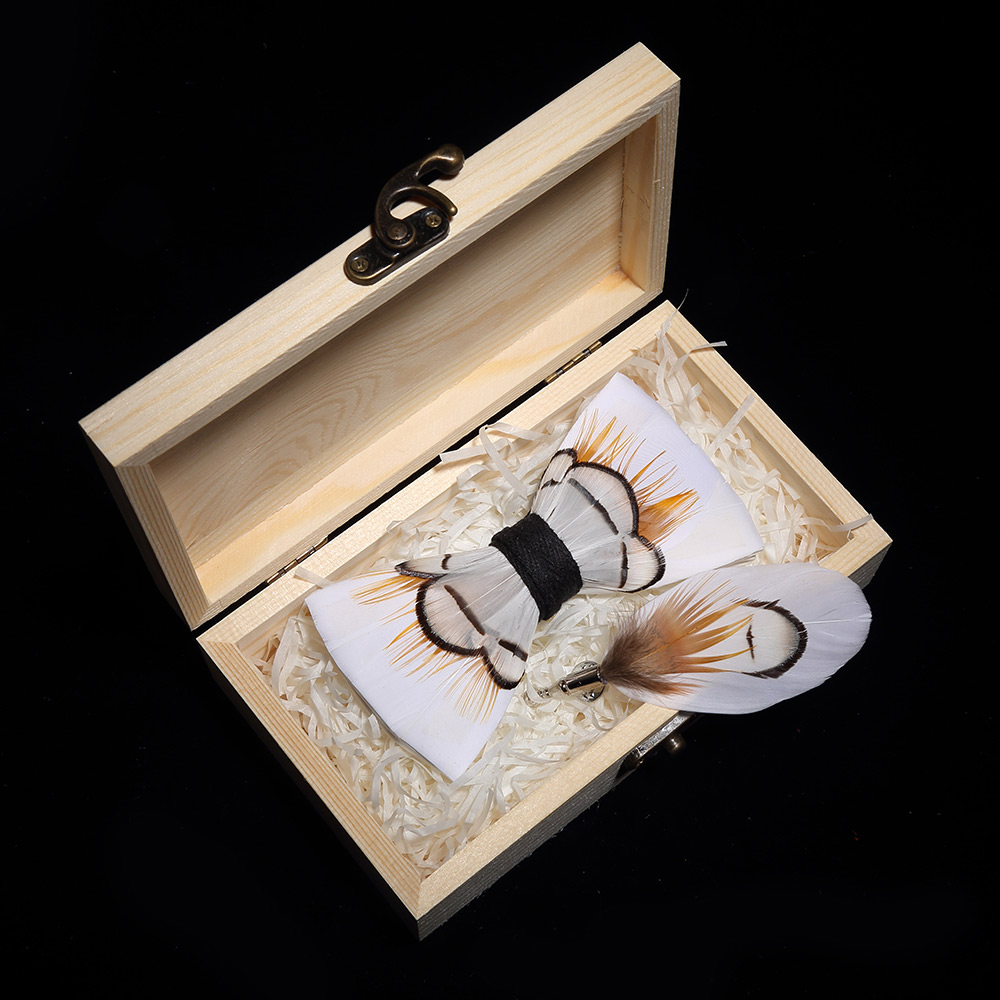 Handcrafted Mens Feather Bow Tie Set With Leather Brooch And Wooden Box For Wedding Banquet - 8