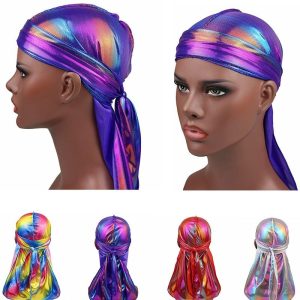 Men's Sparkly Colorful Durags Turban Bandanas Headwear Silky Inside Men Durag Wave Caps Hair Accessories