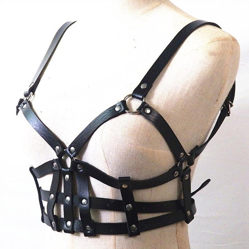 2piece Womens Gothic Leather Harness Bra And Garter Set Sexy Bdsm Bondage Suspender Lingerie - 7
