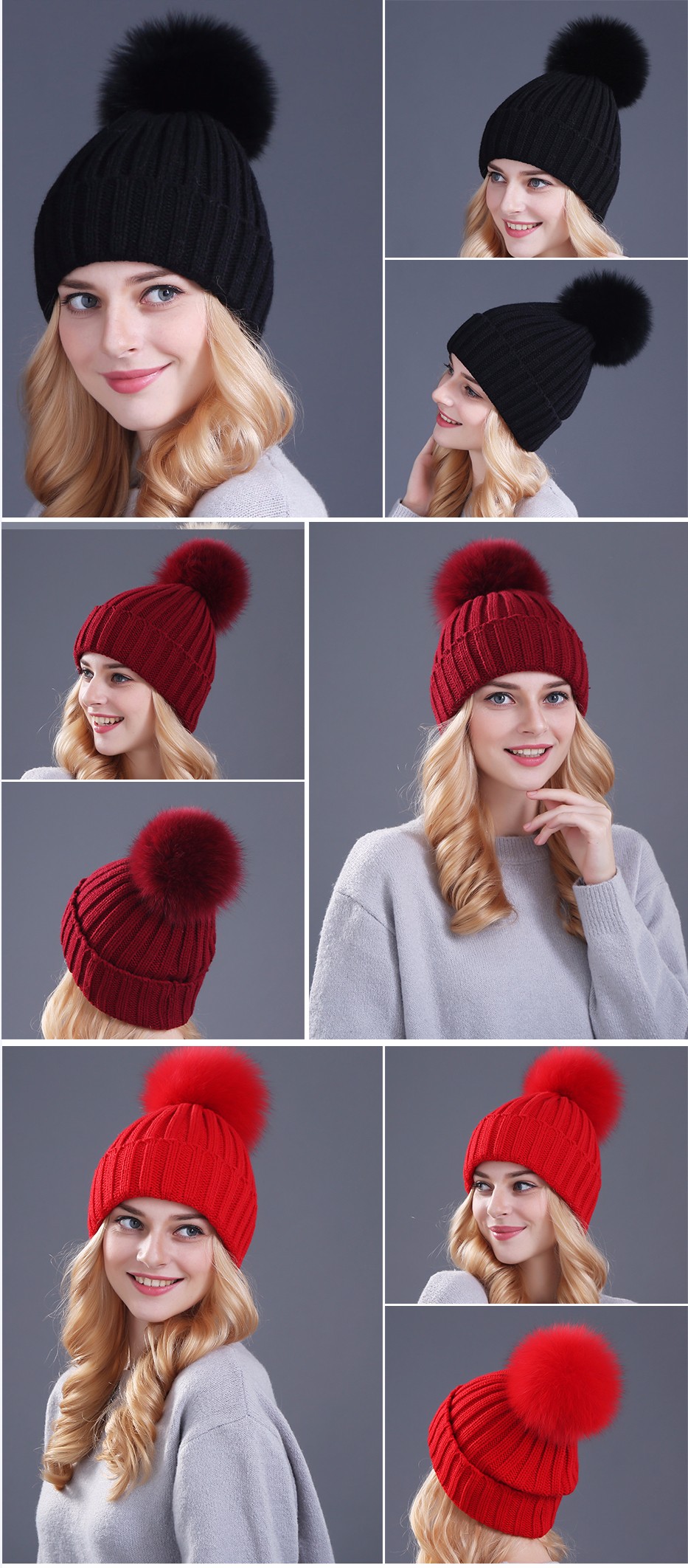 Xthree Thick Knitted Beanie Hat For Women Mink Fox Fur Pom Poms Winter Cap Female - 9