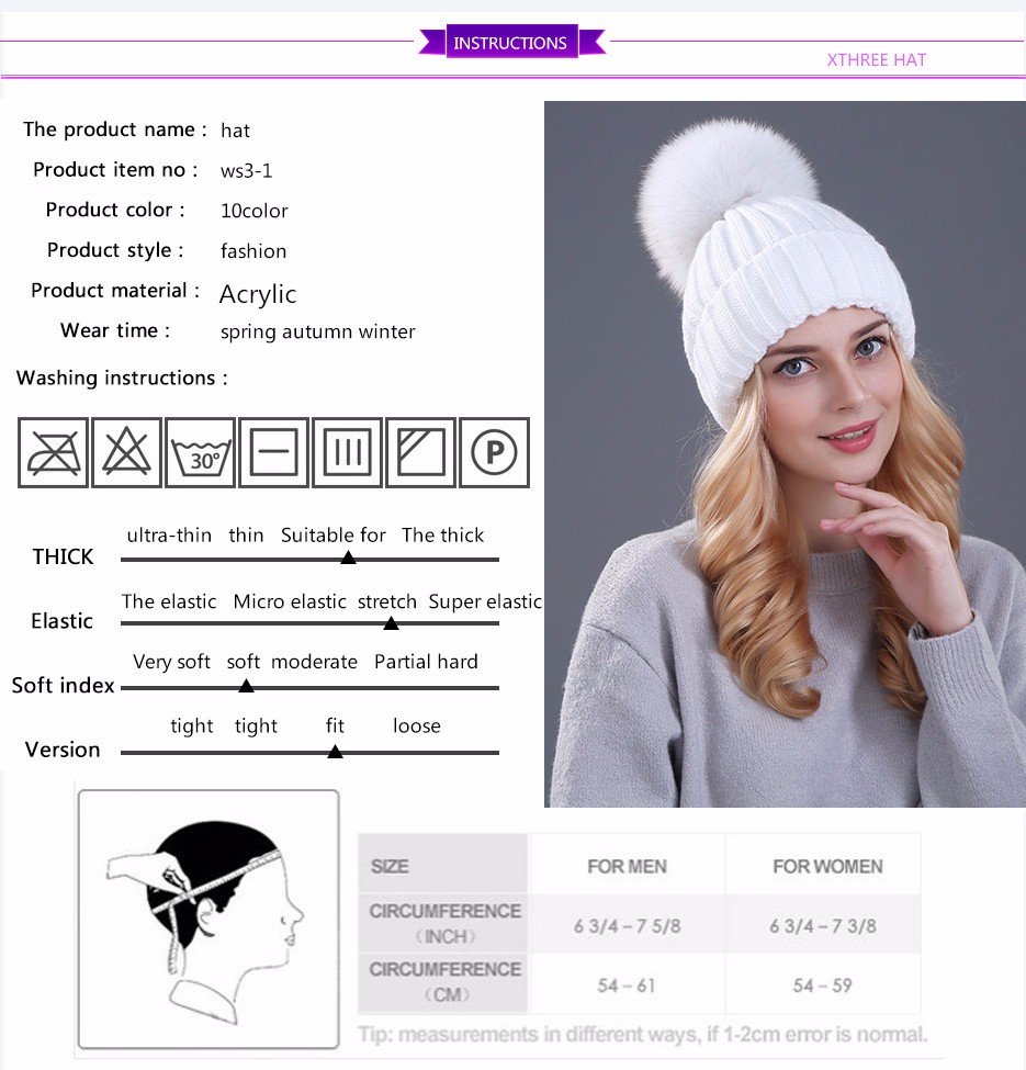Xthree Thick Knitted Beanie Hat For Women Mink Fox Fur Pom Poms Winter Cap Female - 1
