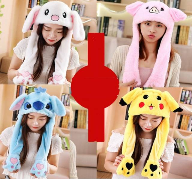 Cute Airbag Cap With Moving Rabbit Ears Plush Fashion Hat In 18 Polyester Colors - 1
