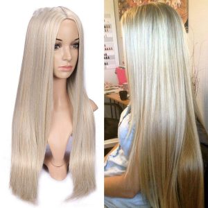 Wignee Long Straight Hair Synthetic Wig For Women Blonde Natural Middle Part Heat Resistant Fiber Black White