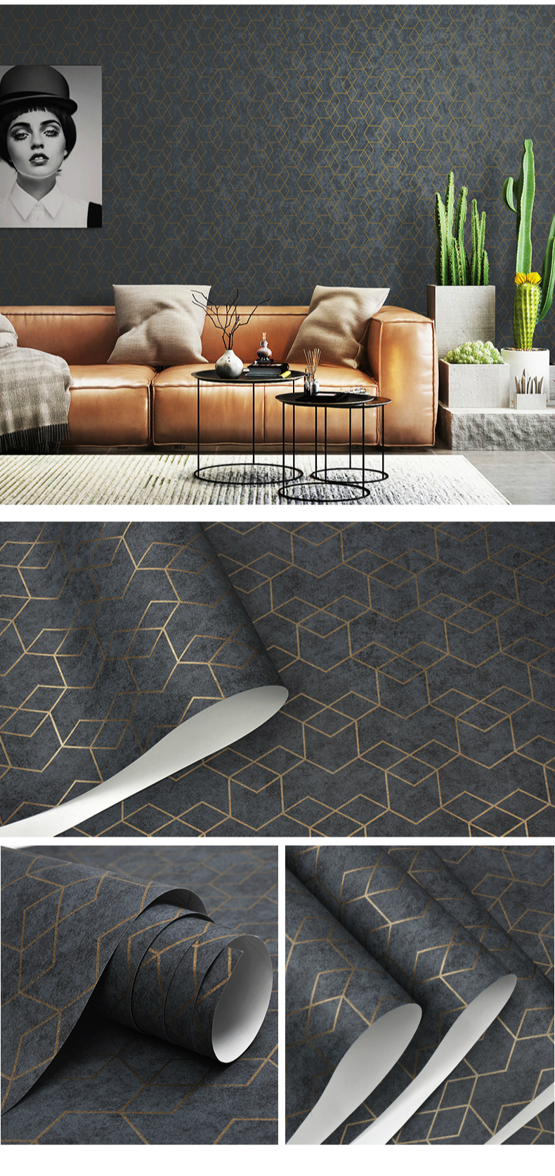 Dark Grey Geometric Wallpaper Roll Modern Design For Bedroom Living Room Home Decor - 5