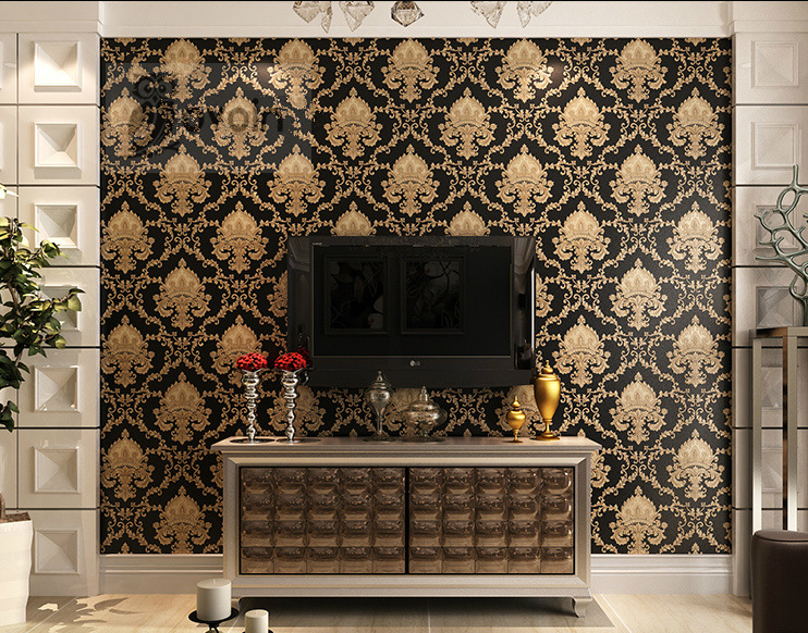Luxury 3d Damask Wallpaper Roll Highgrade Black Gold Embossed Metallic Texture Washable Pvc Vinyl - 1