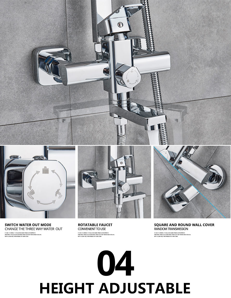 Uythner Quality Black Chrome Bath Shower Mixer Faucet Wall Mount Rotating Tub Spout 8inch Rainfall Head - 4