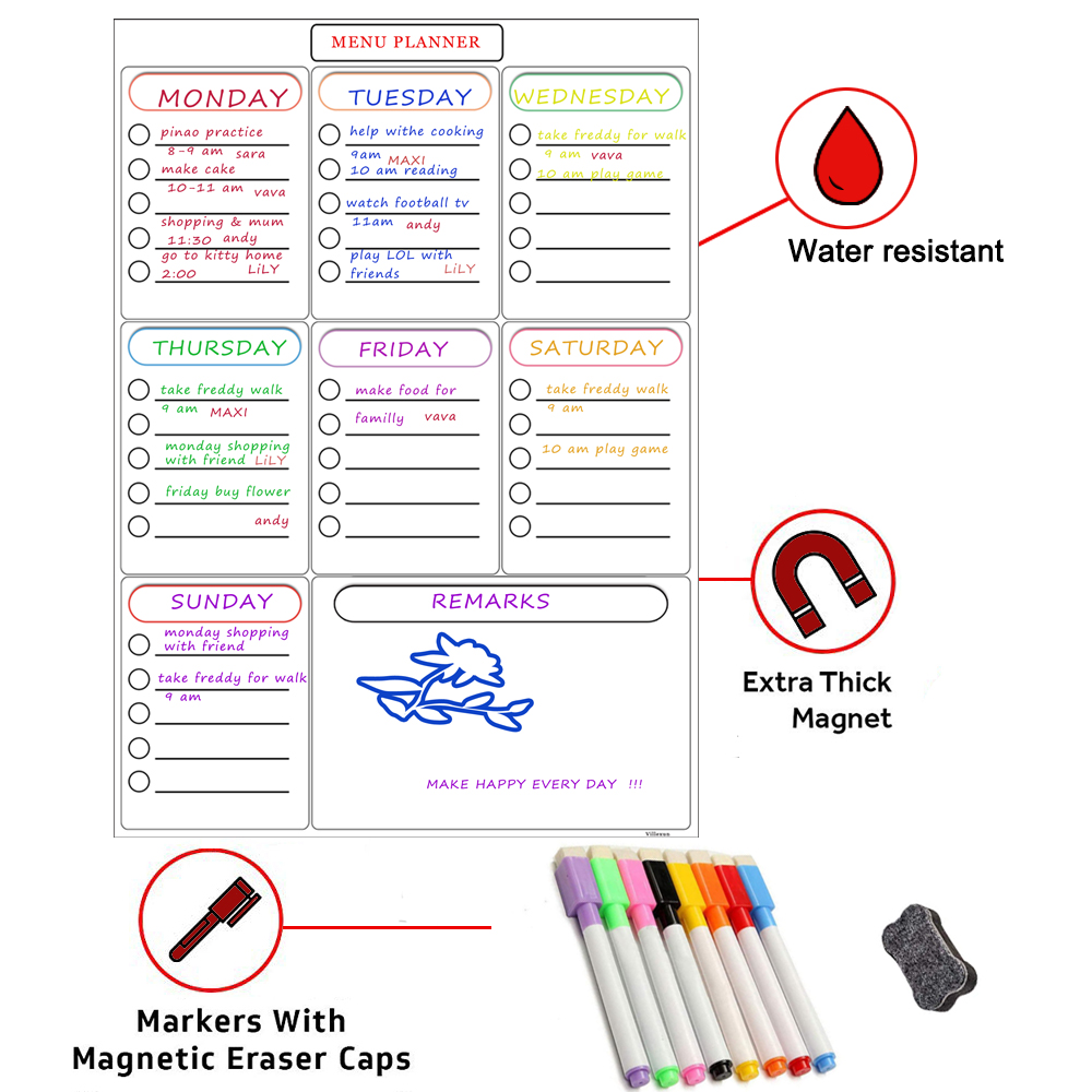 Magnetic Dry Erase Weekly Planner Fridge Calendar Office Whiteboard Family Meal Planner Shopping List Memo Board - 3