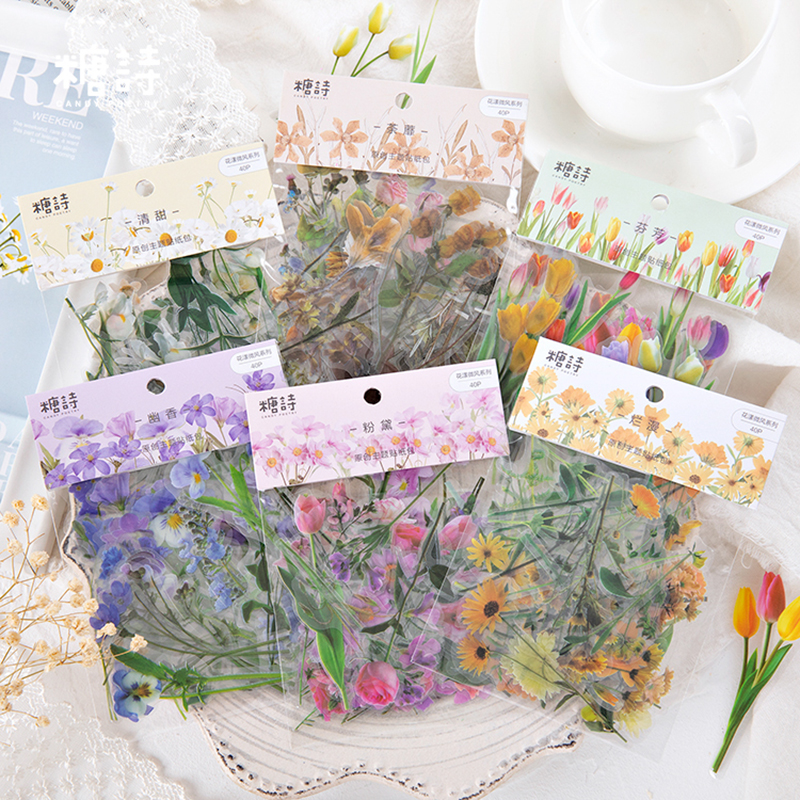 40 Pcs Set Vintage Stickers Fall Flowers Bullet Journal Decorative Sticker Diary Stationery Album Flakes Scrapbooking - 2
