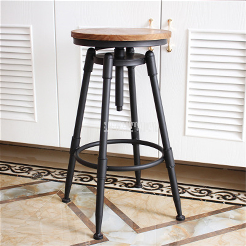 Vintage Swivel Bar Stool With Soft Cushion High Footrest Rotatable Iron Art Wood Retro American Country Style - 13