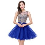 Stock A Line Sheer Neck Tulle Royal Blue Homecoming Dresses Short Mini Cocktail Prom Party Dress Gold Lace Appliques