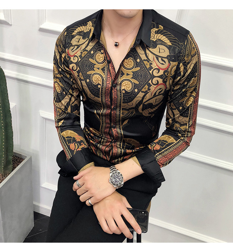 Mens Luxury Baroque Design Slim Fit Shirt In Gold Black Autumn Collection Sizes Up To 6xl - 44