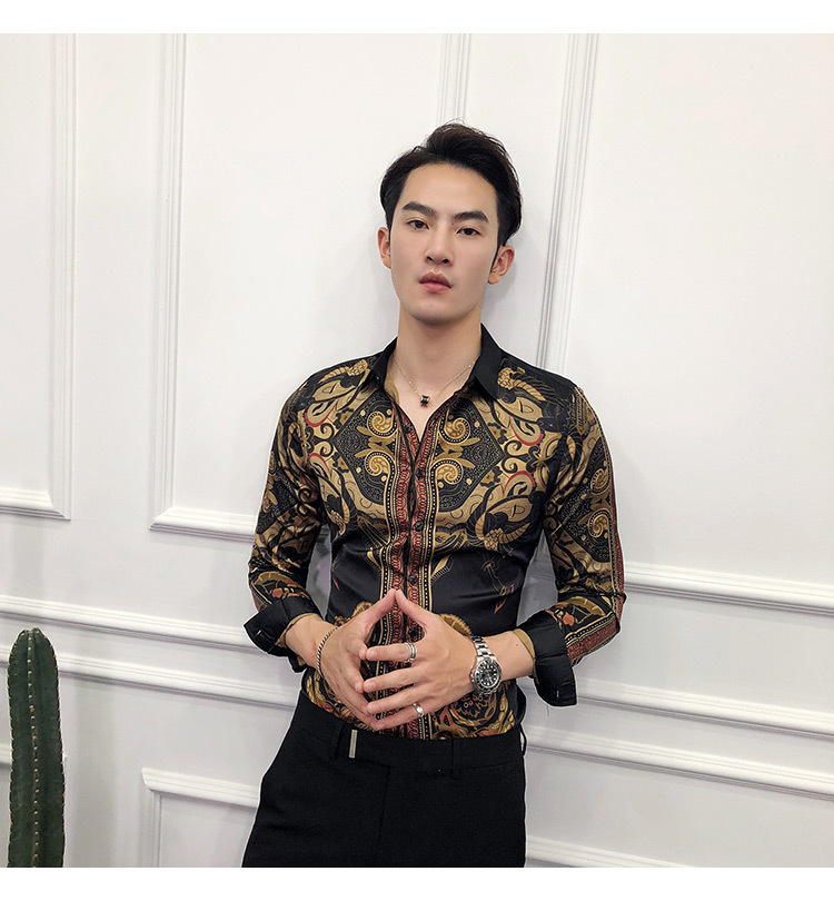 Mens Luxury Baroque Design Slim Fit Shirt In Gold Black Autumn Collection Sizes Up To 6xl - 41