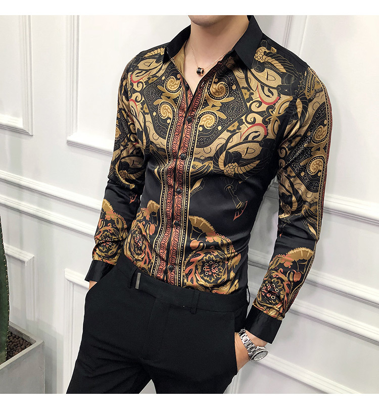 Mens Luxury Baroque Design Slim Fit Shirt In Gold Black Autumn Collection Sizes Up To 6xl - 40